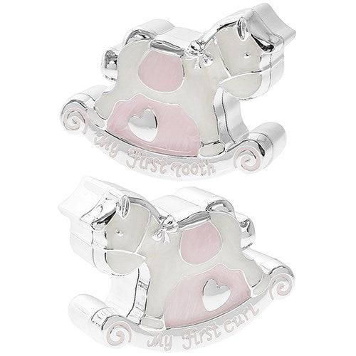 Set cutiute prima suvita si dintisor forma calut balansoar cu roz - LP42522 - Cadouri Superbe