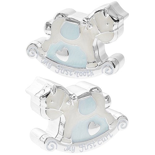Set cutiute prima suvita si dintisor forma calut balansoar cu bleu, argintat, cadou botez