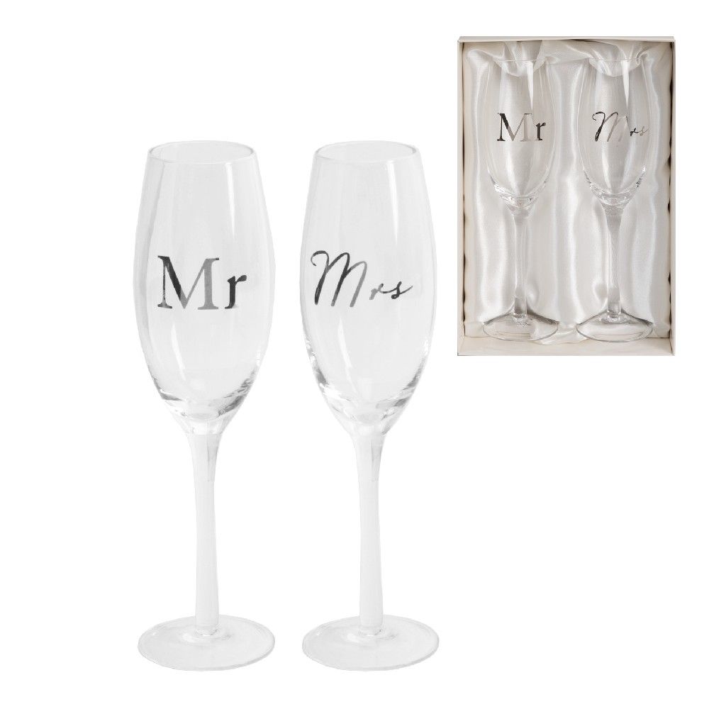 Pahare sampanie Mr&Mrs de la Amore, argintat, cadou nunta