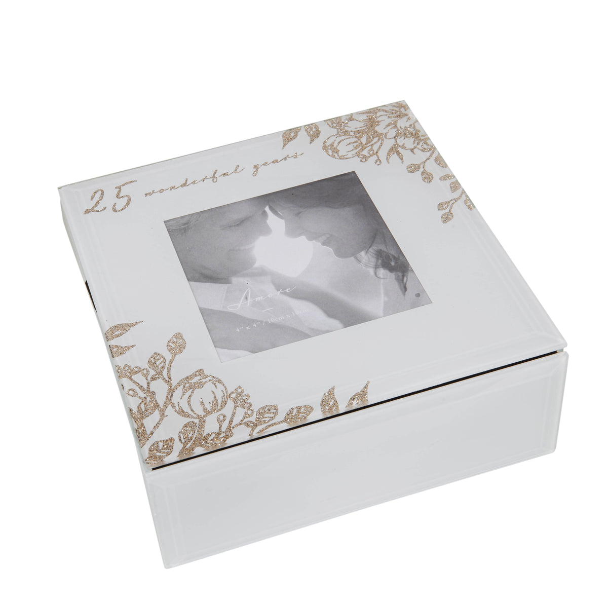 Cadou Nunta de Argint 25 Ani – Casetă Bijuterii cu Ramă Foto 10x10 cm, Cutie Bijuterii Elegantă din Sticlă cu Mesaj „25 Wonde